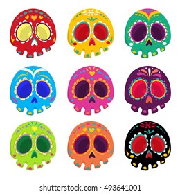 Colorful patterned skull set, Mexican day of the dead