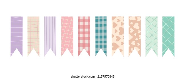 Colorful patterned washi tape strips, cute decorative scotch tapes, pastel bookmarks. Set of decorative patterned pieces of adhesive tape. Scrapbooking element for creating stylish digital collages.