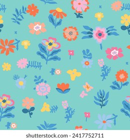 Colorful patterns depicting bright flowers, inflorescences, flower twigs, leaves on a turquoise background. Blue foliage and pink, yellow and orange buds of exotic plants.