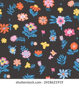 Colorful patterns depicting bright flowers, inflorescences, flower twigs, leaves on a black background. Blue foliage and pink, yellow and orange buds of exotic plants.