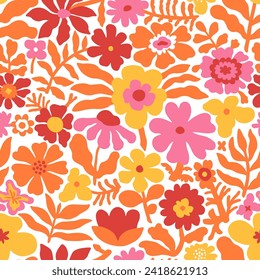 Colorful patterns depicting bright tropical plants, flowers, flower twigs, leaves on a white background. Orange, yellow and pink exotic plants.