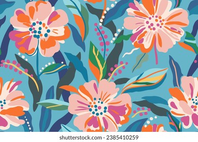 Colorful patterns depicting tropical plants, flowers, flower twigs, leaves on a blue background. Foliage of exotic plants in summer for banners, prints, decor.