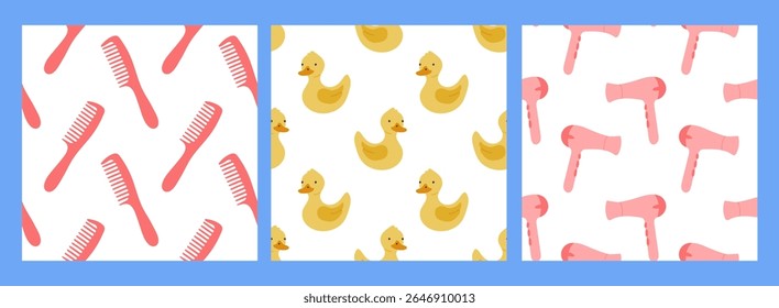 Padrões coloridos com pentes, patos de borracha e secadores de cabelo adequados para projetos de design divertidos