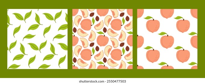 Colorful patterns featuring peaches, leaves, and fruit slices on a vibrant background