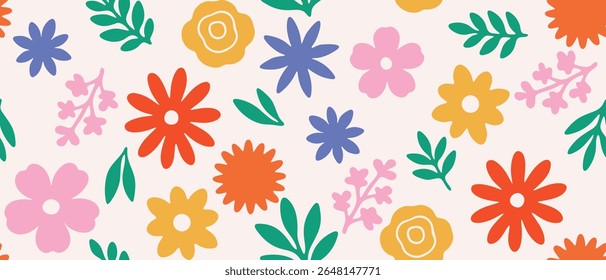 Colorful patterns with floral motifs for fabric, Exotic hand-drawn flowers, and floral abstract prints. Creative collage seamless pattern. Fashionable template for design.Dynamic botanical print