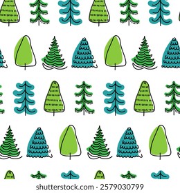 Colorful patterns of stylized trees on a white background in a modern design