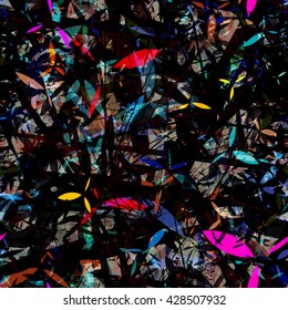 Colorful patterns of three petals. Black streaks and scratches. Mixed random. Overlapping. Transparency. Dark seamless floral pattern.
