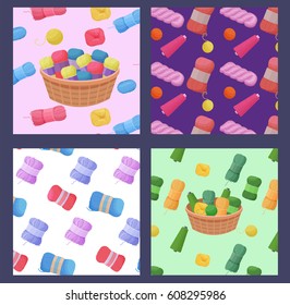 colorful patterns vector set with woolen yarn skeins for knitting and handmade concept