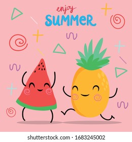 colorful patterns and watermelon and pineapple pattern on pink background vector, enjoy summer