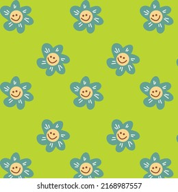 Colorful patternwith ditsy flowers. 70s, 80s, 90s vibes floral background. Retro psychedelic background with daisy flowers