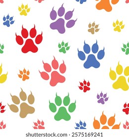 Colorful Paw Cat Footprint Pattern - Colored Claw Footprints on White Background. Seamless Link.