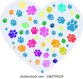 Colorful paw in heart cute animal footprint vector design
