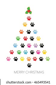 Colorful paw print christmas greeting card vector illustration