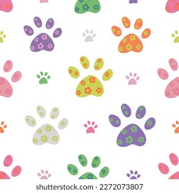 Colorful paw print with flowers seamless fabric design pattern