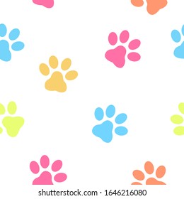 Colorful Paw print seamless pattern on white background.