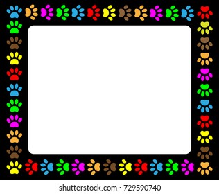 Colorful paw prints animal black frame border with blank space for text vector design template