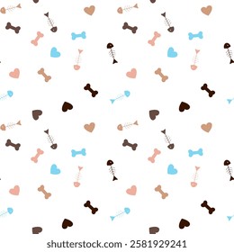 Colorful Paw Prints And Bones Pattern On White Background. Dog and Cat paw print seamless. Template for your design, wrapping paper, card, poster, banner, flyer. Vector illustration eps 10