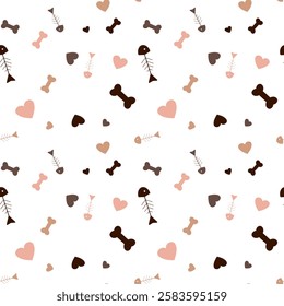 Colorful Paw Prints And Bones Pattern On White Background. Dog and Cat paw print seamless. Template for your design, wrapping paper, card, poster, banner, flyer. Vector illustration eps 10