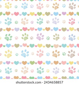 Colorful paw prints with cute hearts. Seamless fabric design pattern