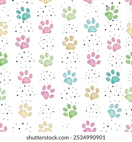 
Colorful paw prints with dots seamless pattern
