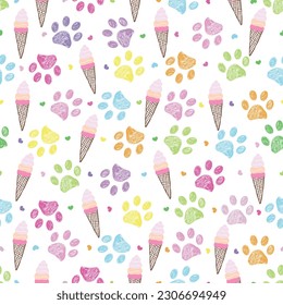 Colorful paw prints and ice creams seamless fabric design paw prints pattern