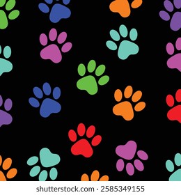 Colorful Paw Prints Pattern On Black background