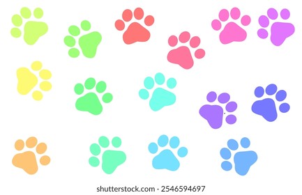 Colorful paw prints vector pattern on a white background. Multicolored animal footprints in pink, blue, green, yellow, and orange. Perfect for pet-related designs, children’s themes, or playful decora