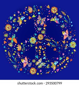 Colorful peace symbol made of  love birds, butterflies and flowers. Can be used for cards, invitations, fabrics, wallpapers, ornamental template for design and decoration.