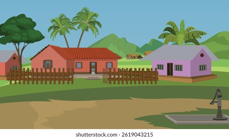 A Colorful and Peaceful Rural Village Scene.Indian village landscape 