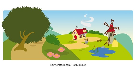 Colorful peaceful and shining farm in a sunny daylight, big green space & areas, blue small lake, the main house and the mill on the background. Vector background.