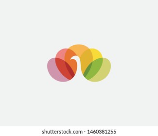Colorful peacock bird in negative space vector logo. Beautiful peafowl tail icon logotype. 