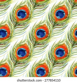 Colorful Peacock feather seamless pattern, drawing watercolor, on white background. Vector illustration.