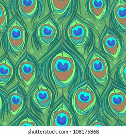 Colorful peacock feather seamless vector pattern