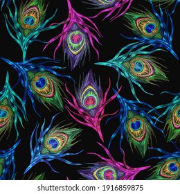 Colorful peacock feathers. Embroidery. Tropical birds art. Seamless pattern. Fashion template for clothes, textiles, t-shirt design 