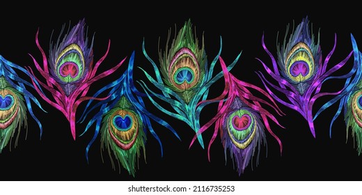 Colorful peacock feathers. Embroidery. Tropical birds art. Horizontal seamless pattern. Fashion template for clothes, textiles, t-shirt design 