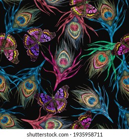 Colorful peacock feathers. and flying butterflies. Embroidery. Tropical birds art. Seamless pattern. Fashion template for clothes, textiles, t-shirt design 