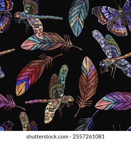 Colorful peacock feathers. and flying dragonflies. Embroidery. Tropical birds art. Seamless pattern. Fashion template for clothes, textiles, t-shirt design