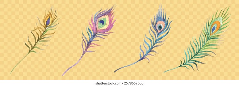 Colorful peacock feathers on a yellow background. Four feathers, each with unique patterns. Vibrant peacock feathers add elegance and charm to the design. Easter illustrations, isolated vector set.