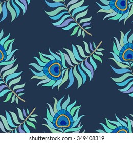 Colorful peacock feathers. Seamless vector pattern.