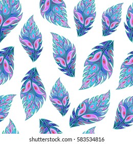 Colorful peacock feathers or stylized leaves, seamless pattern
