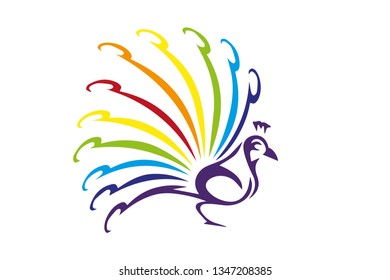 Colorful peacock isolated on white background. Vector violet Peafowl bird with feathers in rainbow colors. Wild bird logo. Peacock with colorful tail.