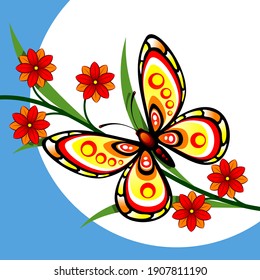 Mariposa con motivos de pavo real colorida sentada en una planta floreciente. Ilustración vectorial.