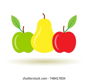 Colorful pear and apple icon with shadow. Thanksgiving symbol flat design Vitamin natural eco sign Fruit color logo, print, card, label graphic concept Vector illustration isolated on white background