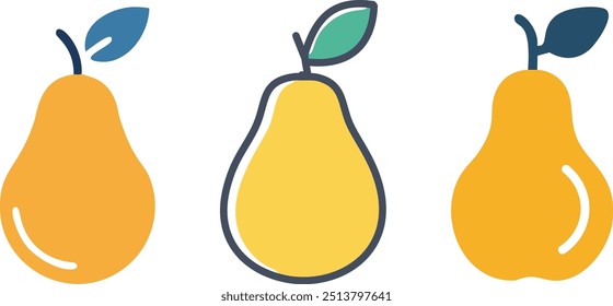 Colorful pear fruit illustration. Three cartoon pears with leaves. The pears are drawn in a simple, flat style. Perfect for use in food and beverage related designs, social media graphics, and more.