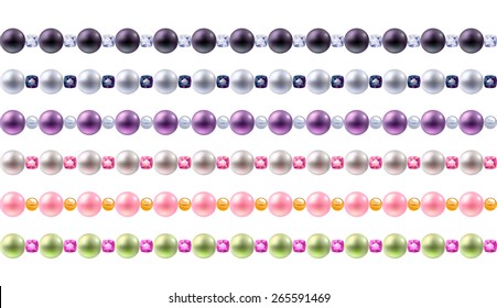 Colorful pearls and gemstones borders set. Seamless horizontal borders for design.