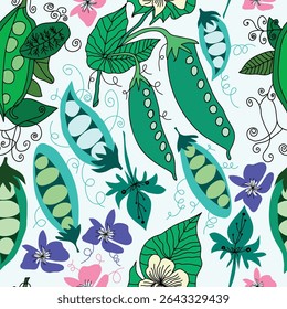 colorful peas pods and open pea pods with purple, pink flowers and green leaves hand drawn seamless pattern. It is good for tiles, packaging, print, fabric, textile and more.