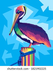 colorful pelican pop art style on isolated colored background