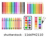 Colorful pen, marker and watercolor palette tools set Vector realistics