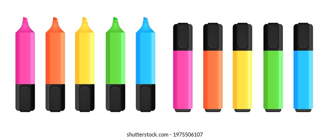 Colorful pen markers set. Text markers collection. Office stationery. Vector illustration.