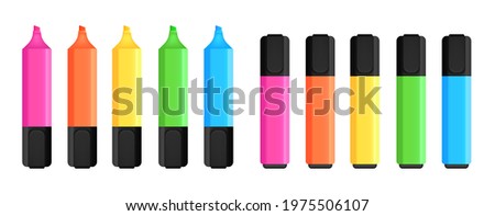 Colorful pen markers set. Text markers collection. Office stationery. Vector illustration.